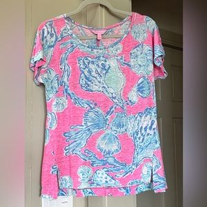 Lilly Pulitzer, slub linen tee shirt, small, pink/blue, sea shell design